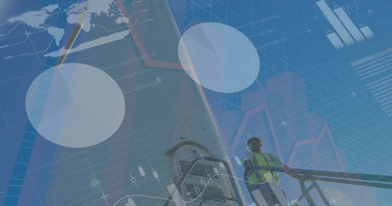 software activating bars and graphs over wind energy turbine before technician descending stairs
