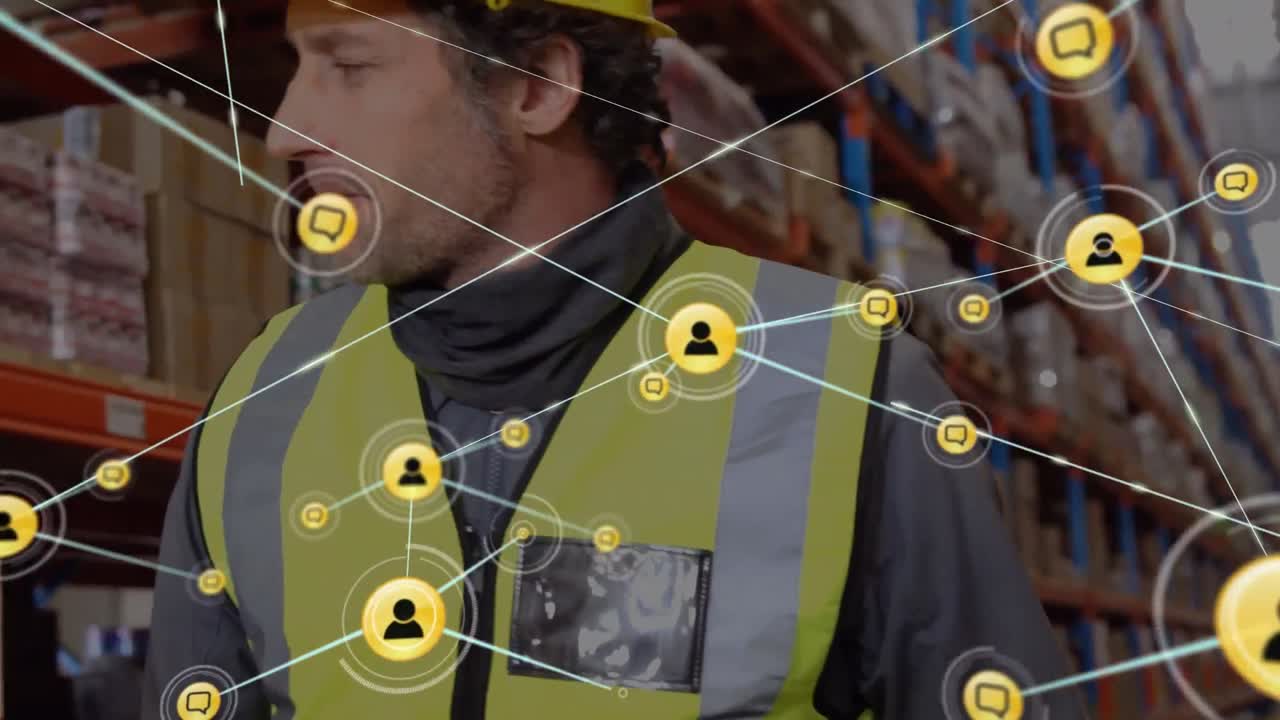 창고의 백인 남성 노동자에 대한 아이콘과 연결 네트워크의 애니메이션