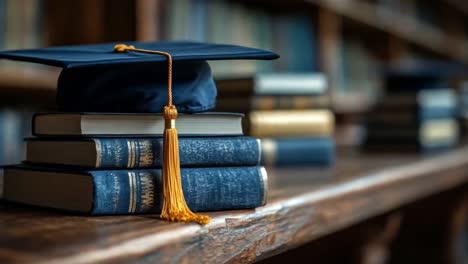graduation cap on books