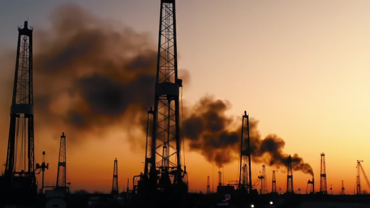Sunset Over Oil Derricks: A Scenic View of Industrial Activity and Environmental Impact Amidst the Golden Skies with Prominent Smokestacks in Silhouette