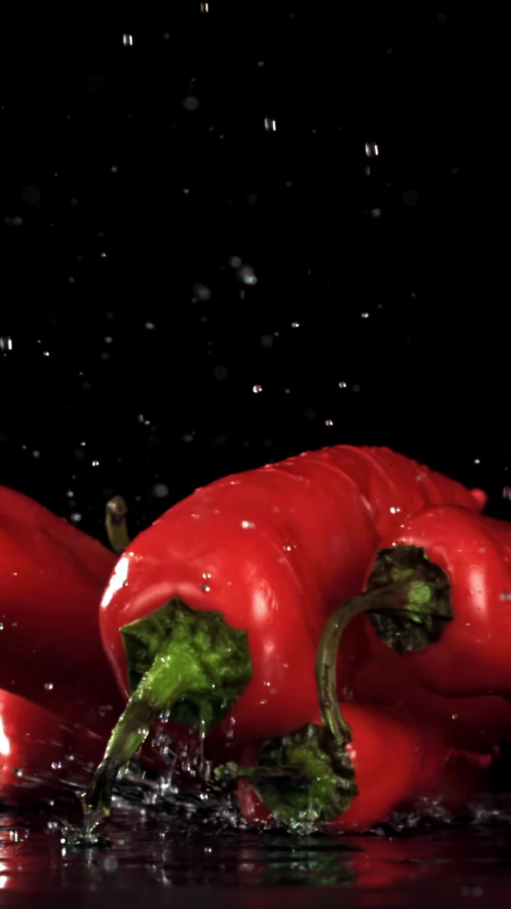 Zpomalený záběr padajících červených chilli papriček cákajících ve vodě