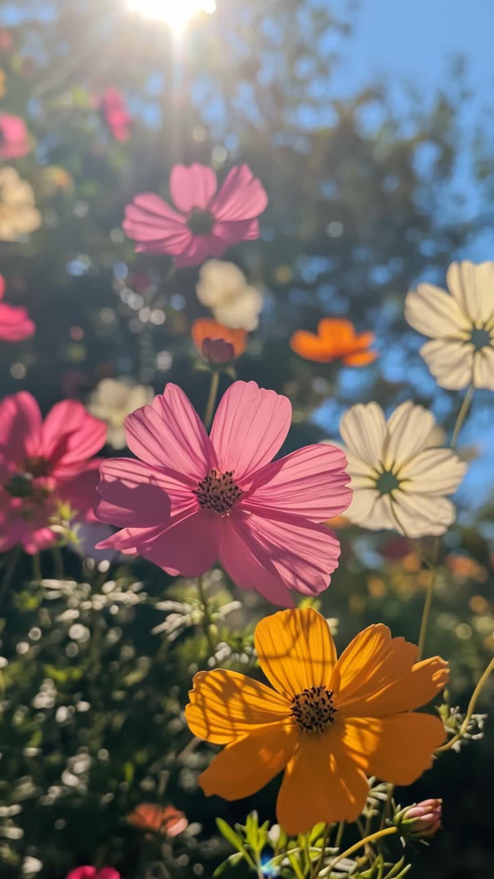 Vibrant flowers bask in sunlight, captured from a low angle. The bright colors and soft focus