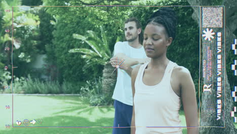 exercising in garden, people interacting with virtual reality interface animation