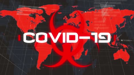 Animation-of-covid-19-text-and-biohazard-symbol-over-world-map