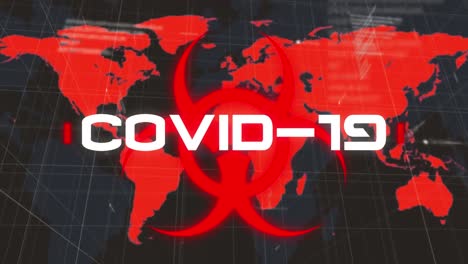 animación del texto de covid 19 y el símbolo de riesgo biológico sobre el mapa del mundo