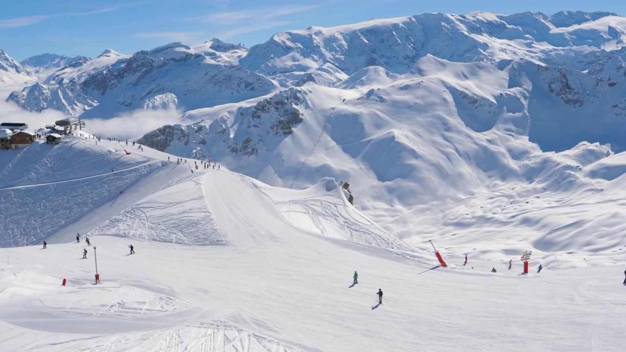 Movement Near The Ski Slope In The Mountains At A Ski Resort Where Many Skiers