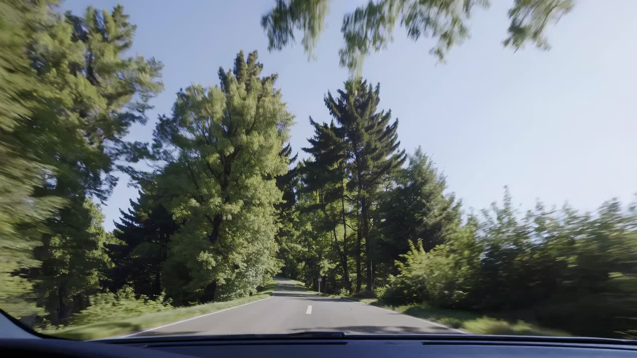 Video POV dall'interno di un'auto che percorre una strada alberata, catturando il movimento dinamico.