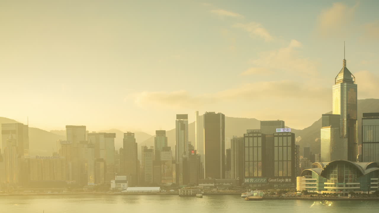 HONG KONG - 19 MARCH 2025 : Hong Kong Central city skyline filmed from across the harbour in kowloon
