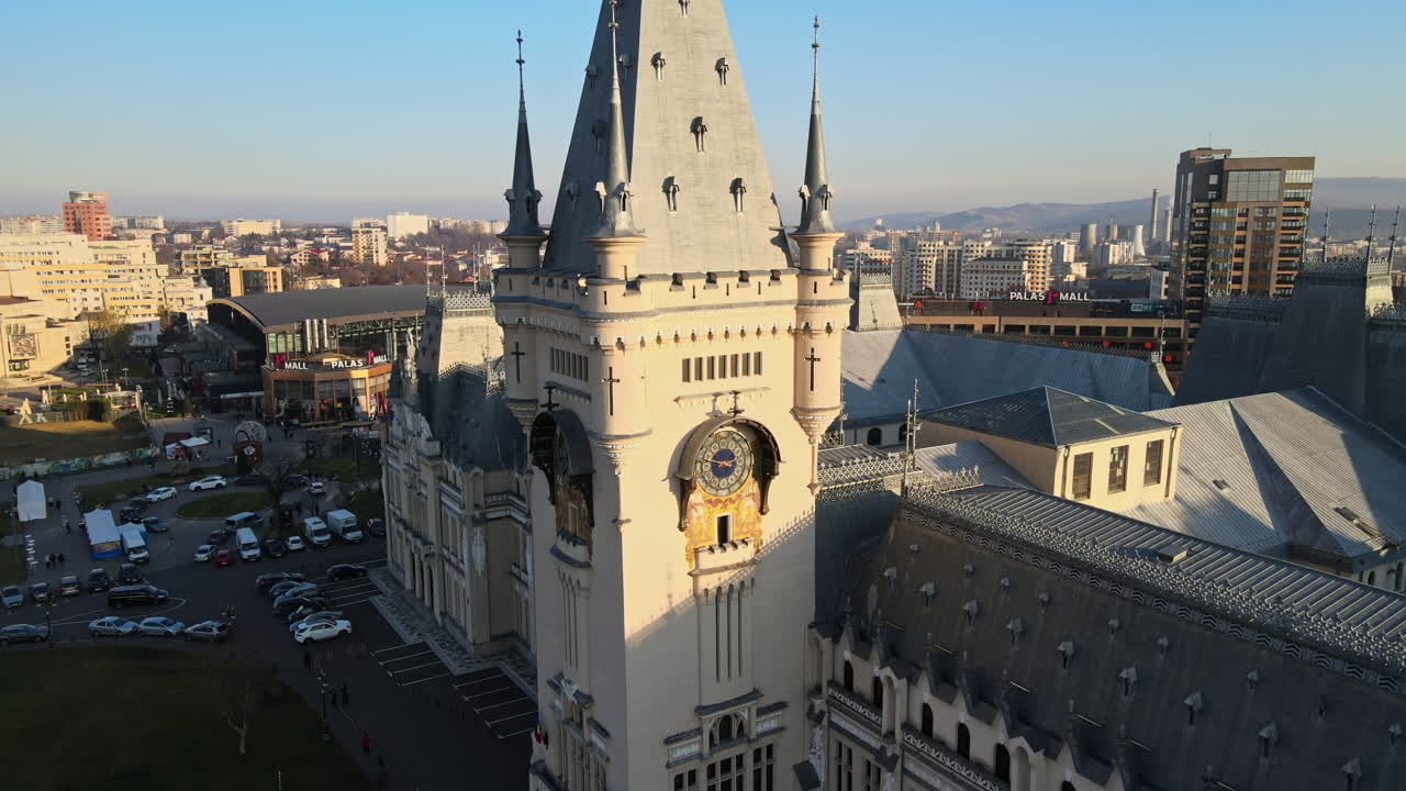 Aerial drone view of the Palace of Culture in Iasi downtown, Romania. Square in front of it, cityscape