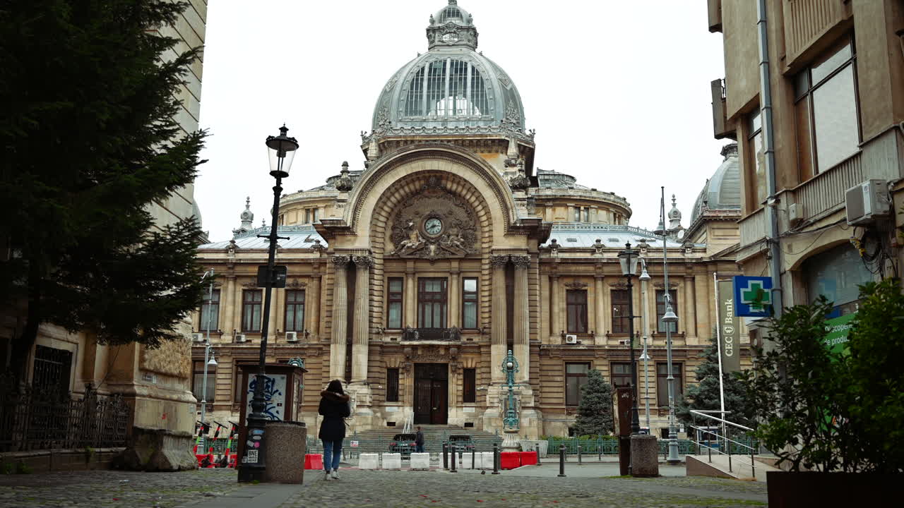Bucharest, Romania - December 21, 2021: Street view of the Palace of the Deposits and Consignments