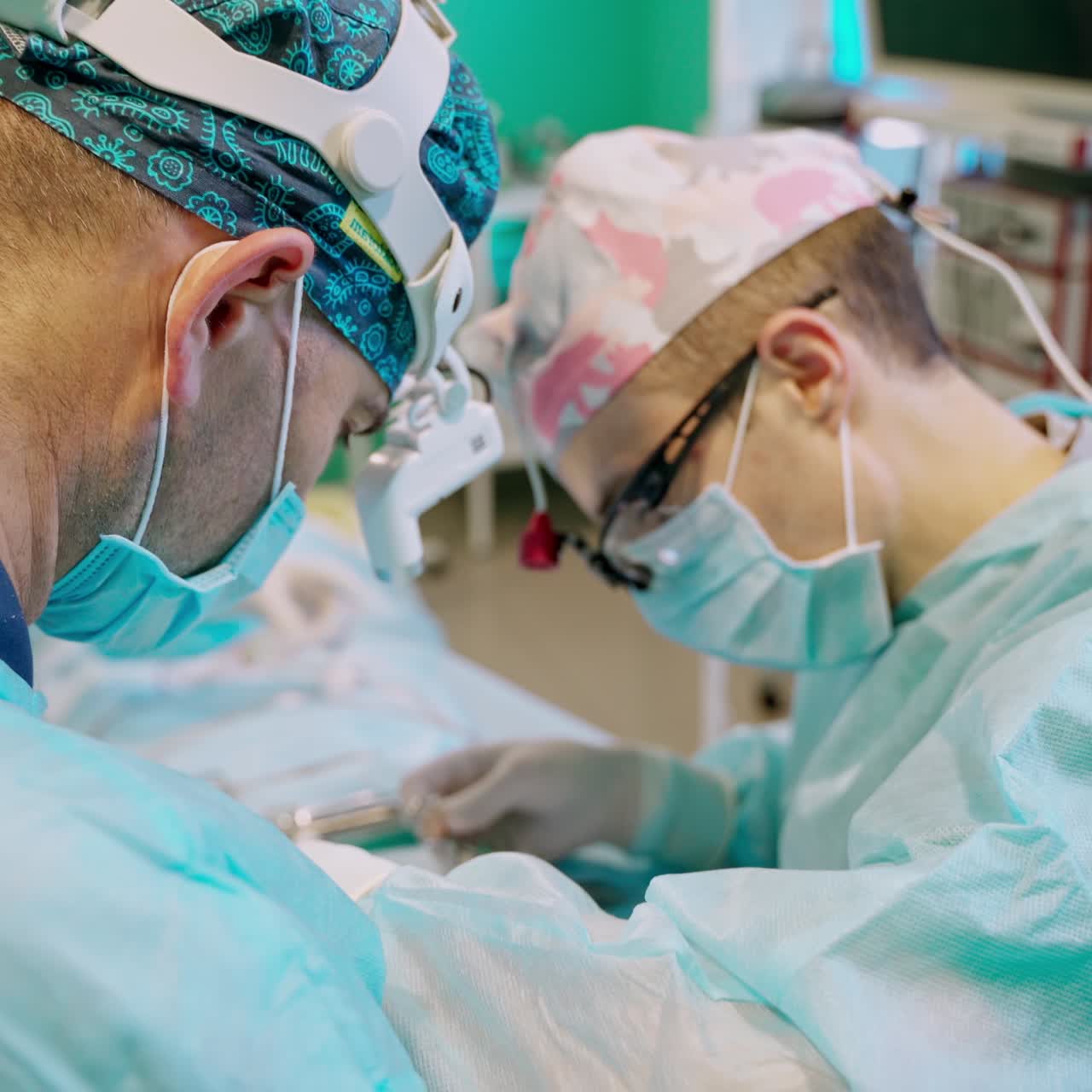 Group of doctors in surgical room. Professional doctors and a nurse in medical uniform and mask perform an operation to a patient in the hospital.