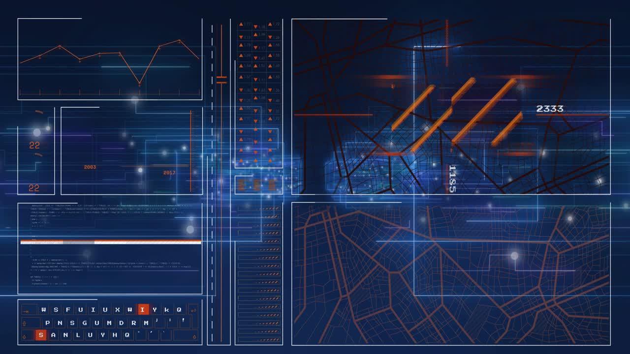 Glowing nodes initiating transition, dashboard updating charts and drawing route to display metrics