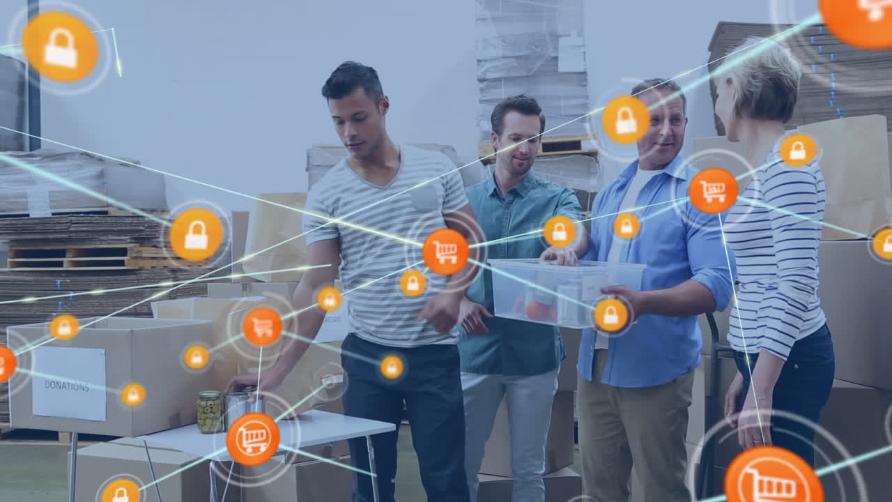 animación de iconos conectados sobre diversos voluntarios colocando comestibles en cajas de plástico para la donación