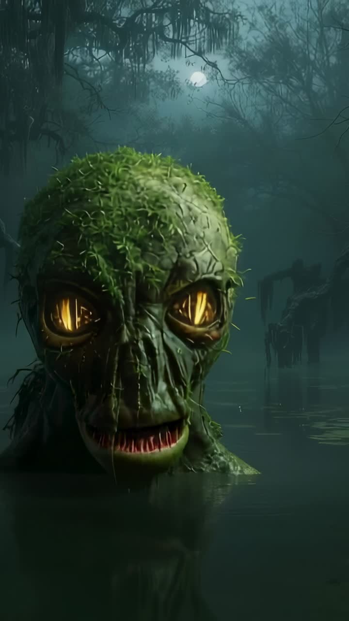 Vertical video: Rising moss-covered swamp creature responding to full moon, lifting head and torso