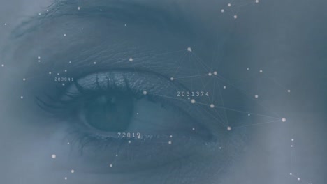 animation of connections and coordinates over eye of caucasian woman