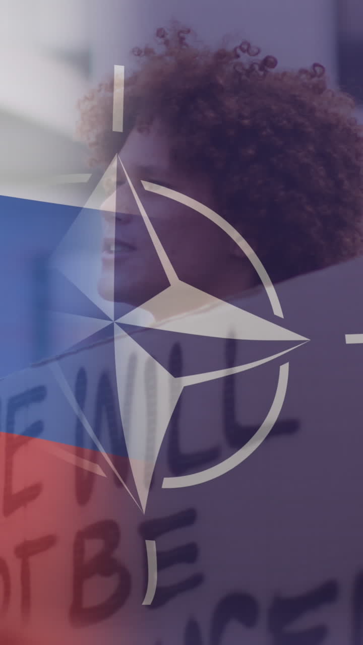 animación de la bandera de rusia y la otan sobre un manifestante masculino biracial