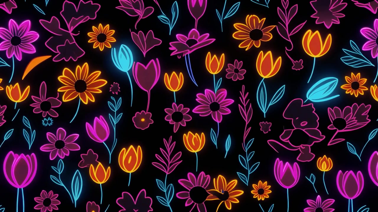 Animated Neon Floral Pattern with Glowing Flowers on Black Background