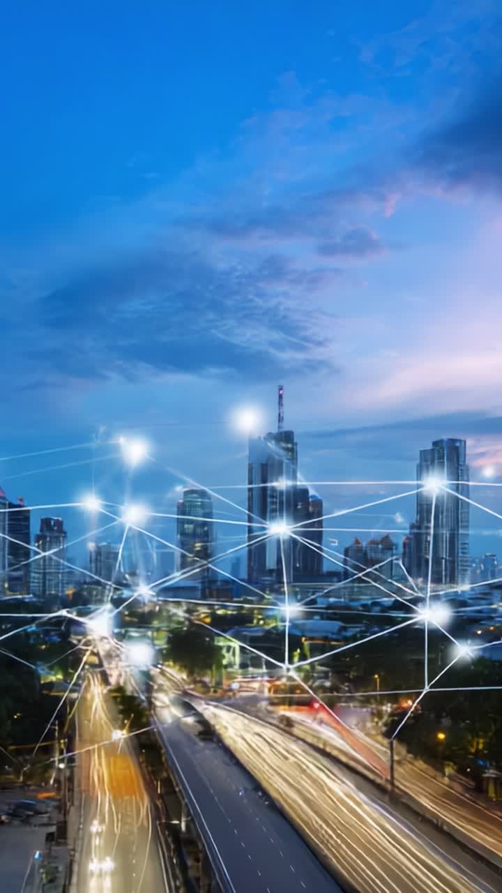 Connettività urbana notturna: un vivace paesaggio urbano immerso in luci e tecnologia, che mette in mostra l'interconnessione della moderna vita urbana in uno splendido skyline