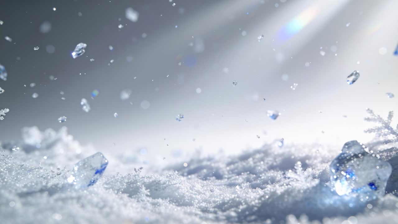 右から差し込む光がフレアを投げかけ、雪上で青い宝石が煌めき、舞い散る破片がきらめきを添える。