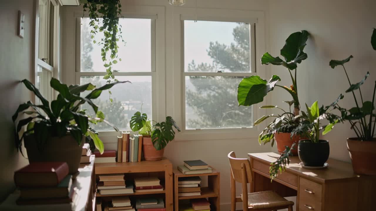 La cámara se mueve revelando un grupo de plantas debajo de una ventana de doble panel en un rincón soleado, mostrando las hojas.
