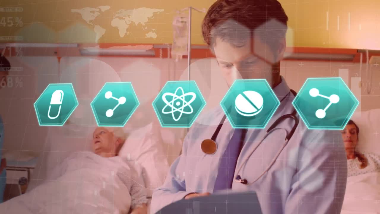 의료 아이콘과 통계 데이터 처리가 남성 의사와 비교하여 병원에서 검사 보고서를 확인합니다.