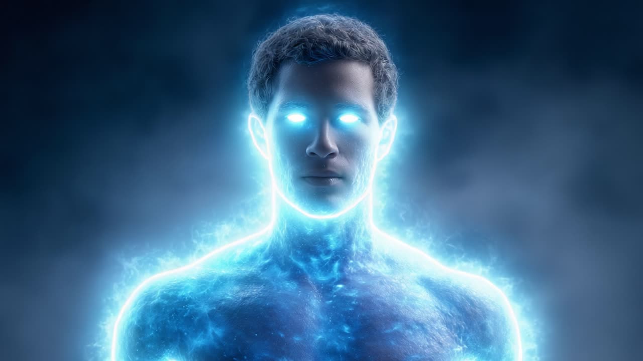 A Mystical Transformation: A Man Surrounded by Electric Energy and Light in a Hauntingly Beautiful Atmospheric Setting
