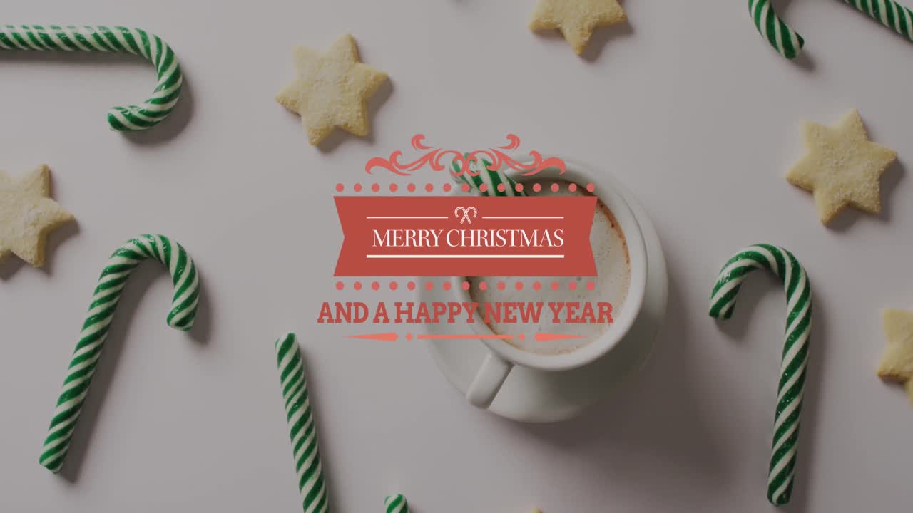 animación de saludos de navidad texto sobre decoraciones de navidad y bastones de caramelo.