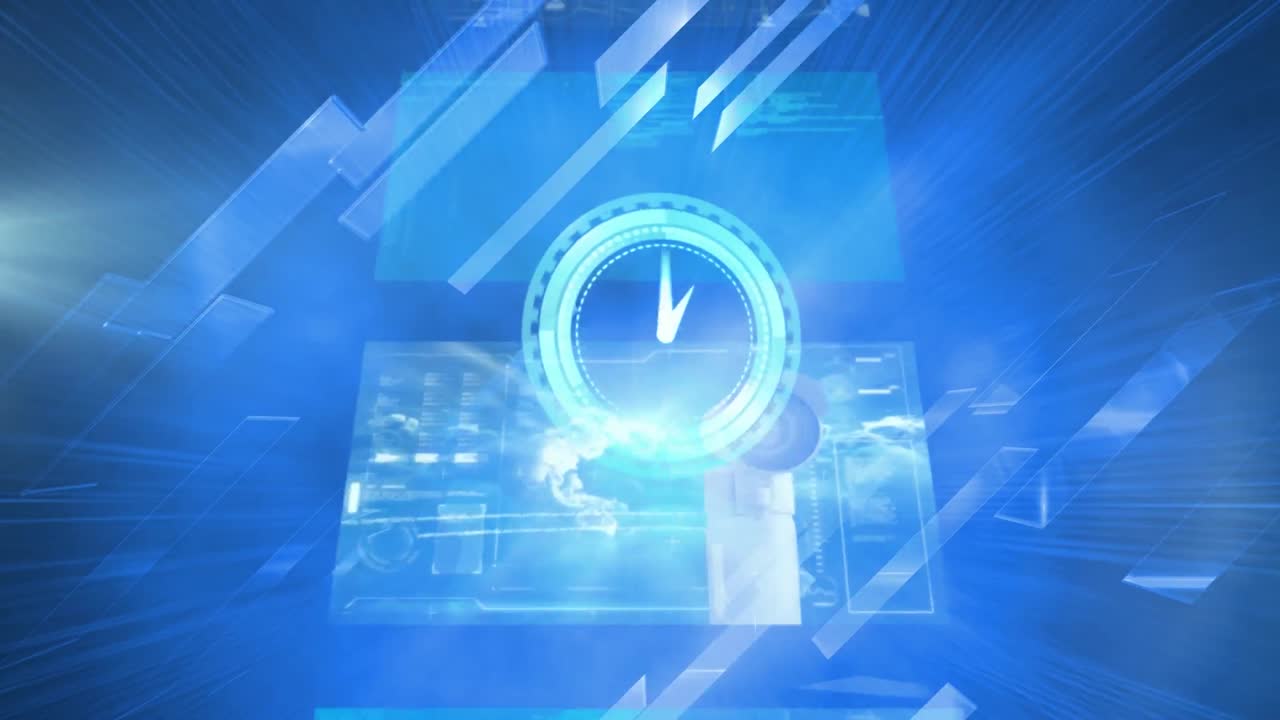 블랙 배경에 파란색 모양 위에 움직이는 시계와 데이터 처리의 애니메이션