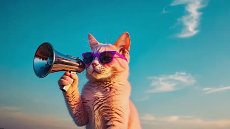 a cool cat in sunglasses holding a megaphone under a blue sky