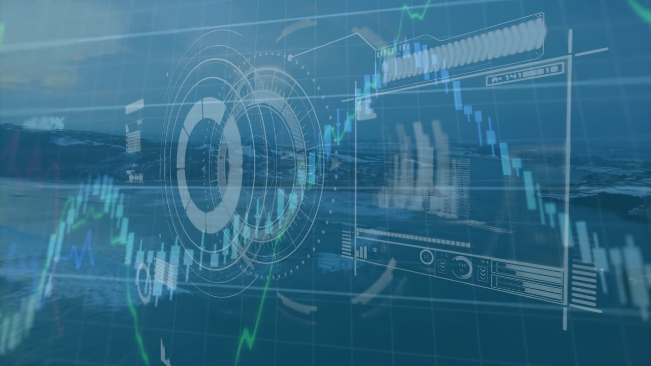 3D render circular HUD floating over sea, showing candlestick chart, green line graph, data panels