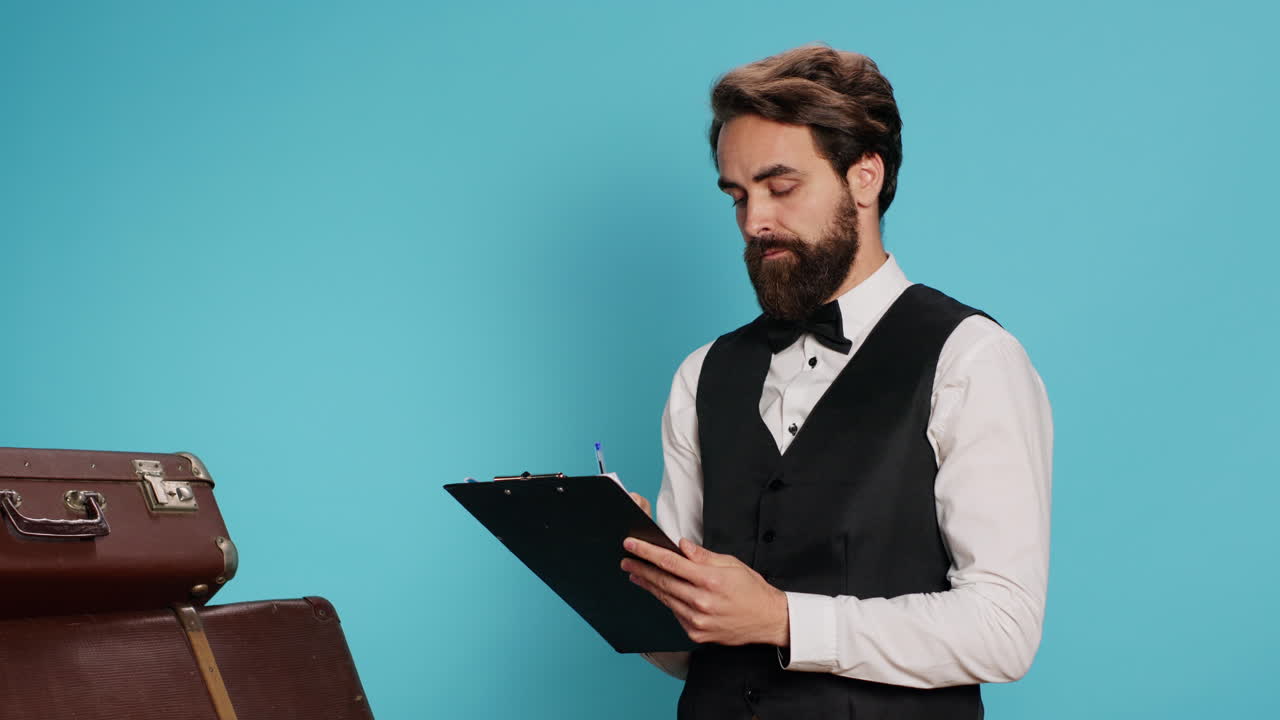 el botones lee la lista de comprobación de los invitados.