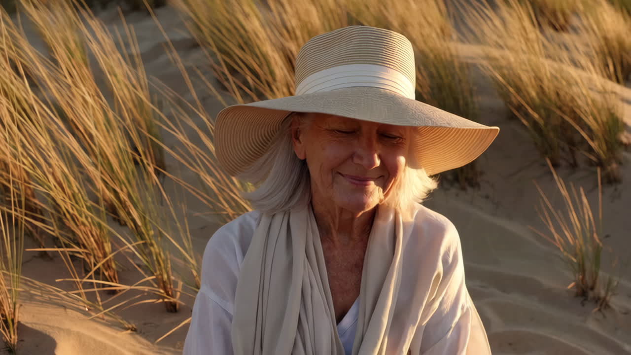 Senior Woman Enjoying the Sun on Sandy Dunes