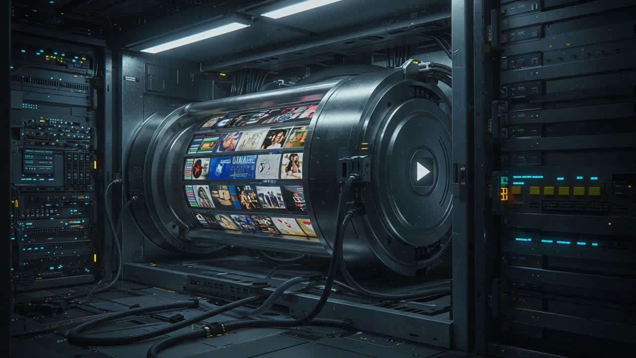 High-Tech Media Storage System Featuring a Cylindrical Container Displaying Multimedia Content in a High-Definition Digital Environment with Advanced Interface Controls