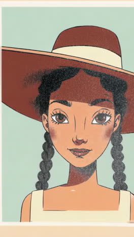 close-up illustration of a woman with braids and a hat