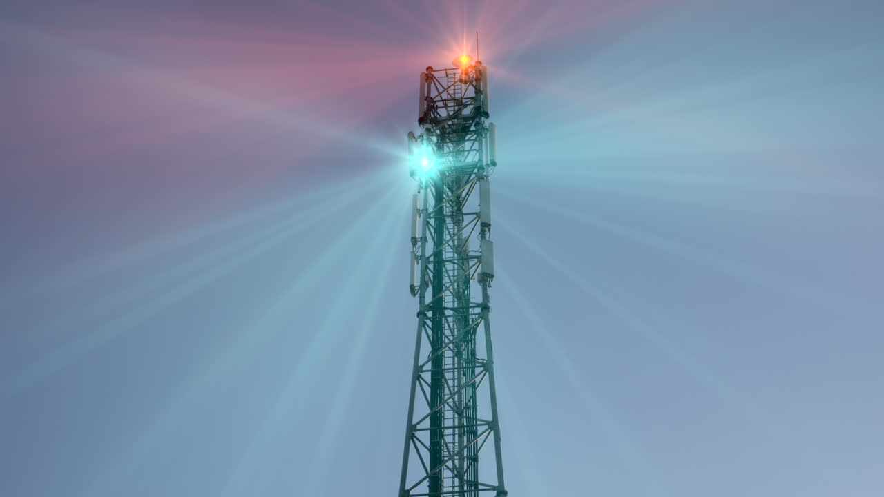 torre celular con rayos animados rojos y azules que van en diferentes direcciones