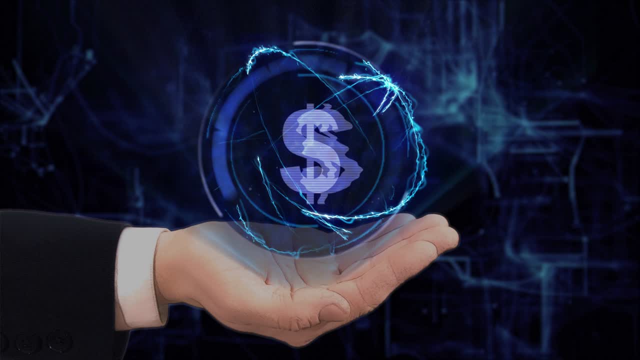 mano pintada muestra concepto holograma signo usd en su mano