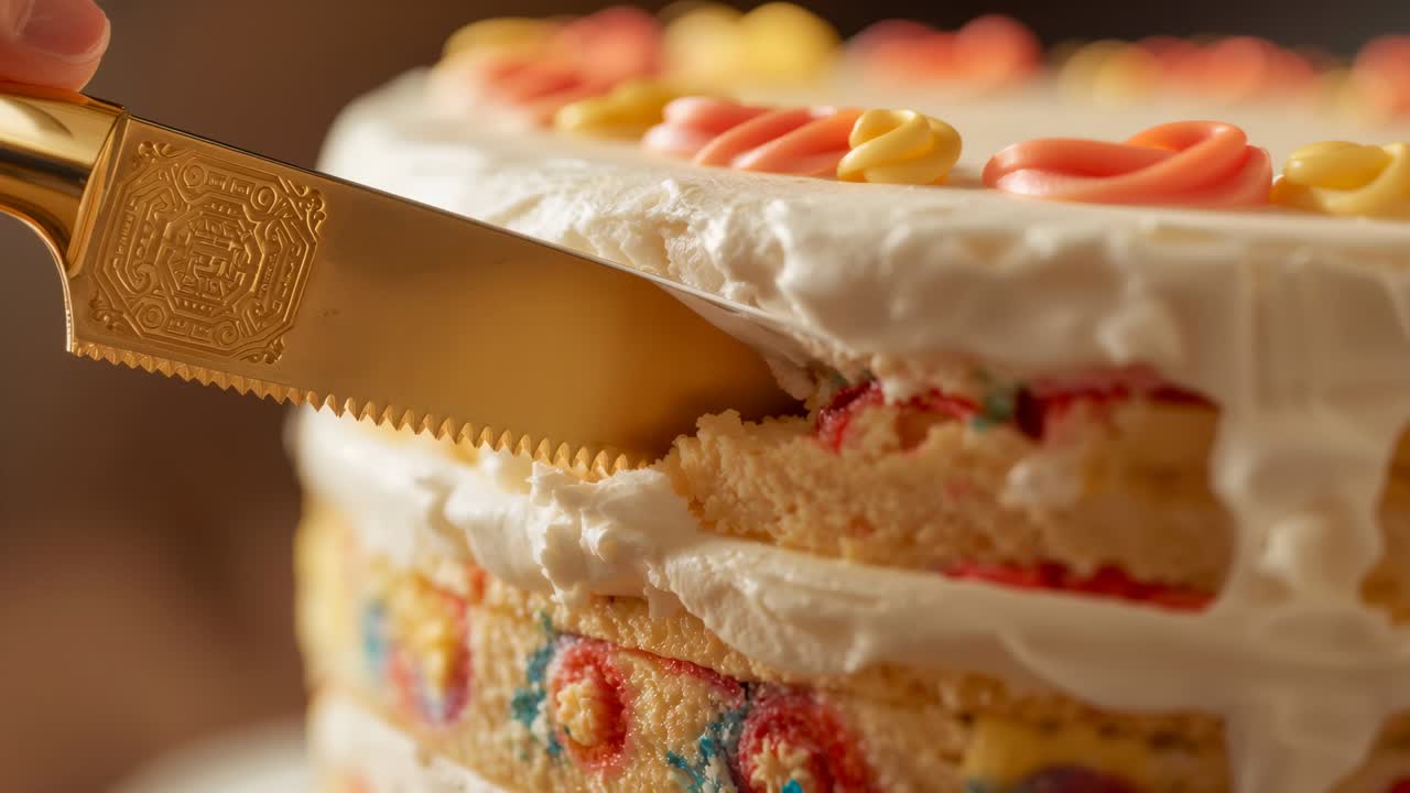 Pressing gold knife into frosting, hand slicing cake on tabletop, revealing red filling to serve