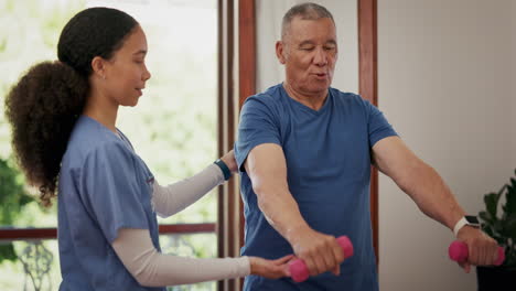 physiotherapy, dumbbell or woman support old man