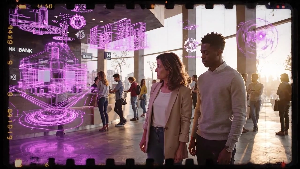 Des personnes interagissent avec des écrans holographiques de réalité augmentée dans le hall d'une banque moderne.