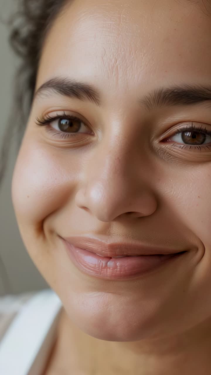 Vertical video: Smiling woman widening into big grin in room, camera focusing, white strap visible