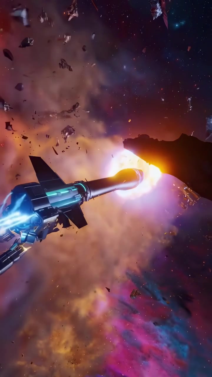 Razzo futuristico che spara ed esplode in una nebulosa colorata