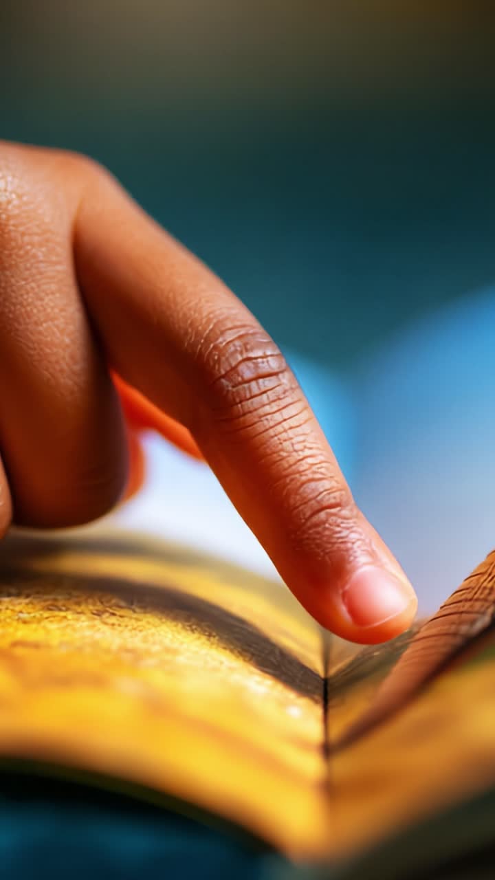 Close-Up of a Finger Gently Turning a Page in a Vibrantly Colored Book, Capturing the Essence of Reading and Exploration in an Intimate Moment