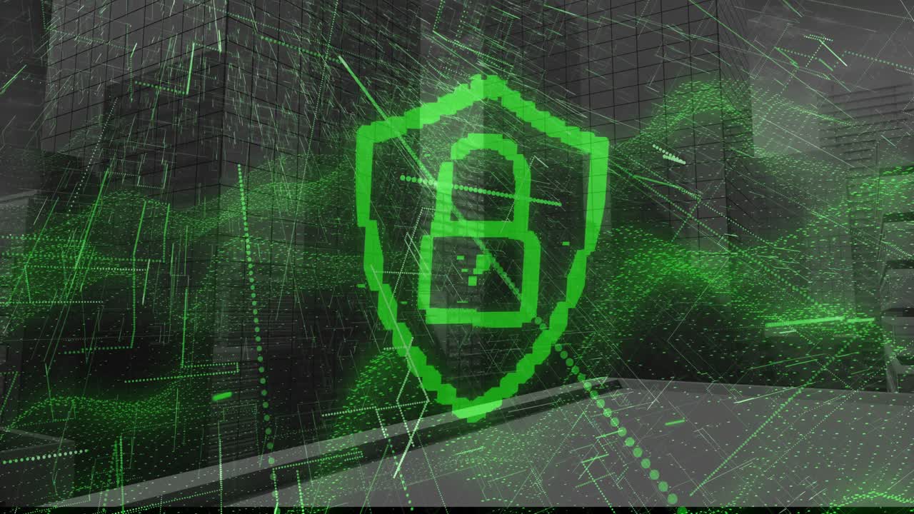 Pixelated green shield floating in 3D digital cityscape, showing padlock icon and streaming data