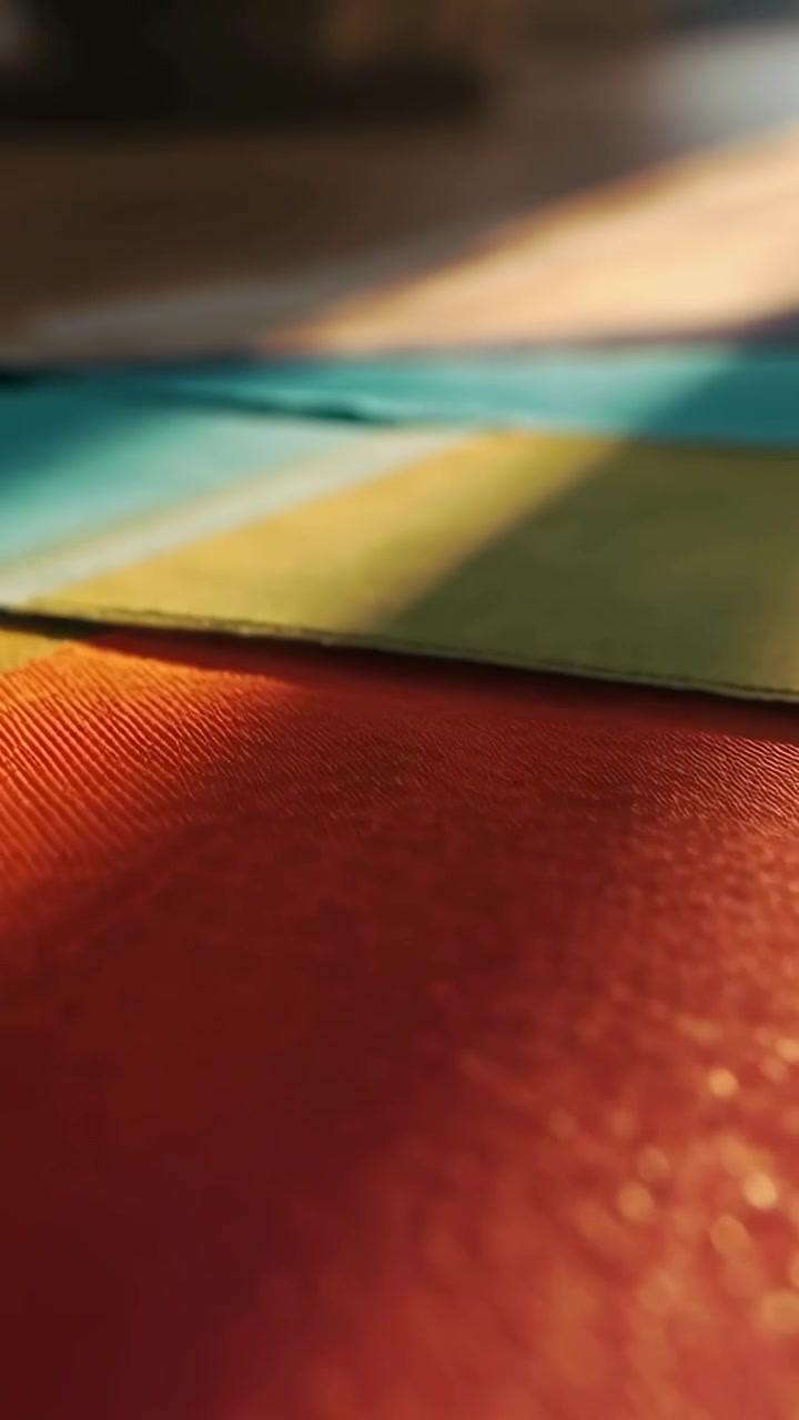 Luce solare che si sposta, cambio di messa a fuoco della telecamera che mostra campioni di colore arancione, verde acqua, lime, viola su legno con bagliore bokeh.