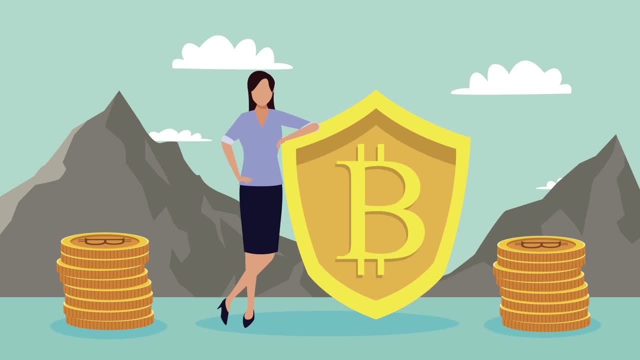 elegant businesswoman with bitcoin shield animation