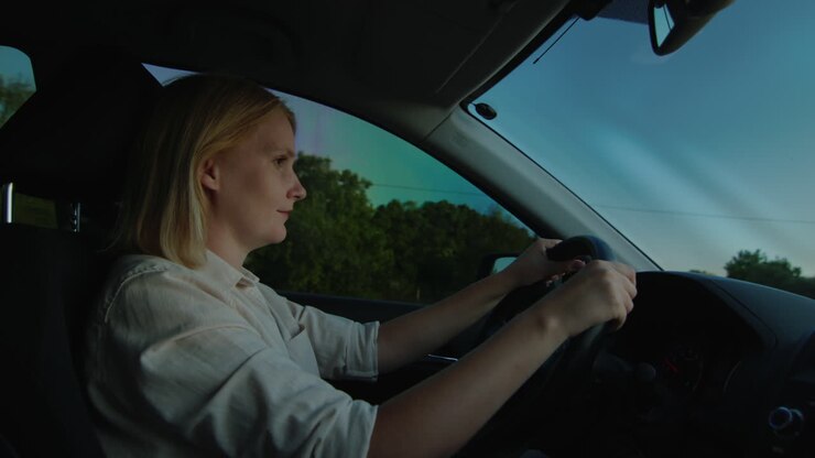 Conducente donna di mezza età guida un'auto al tramonto 5