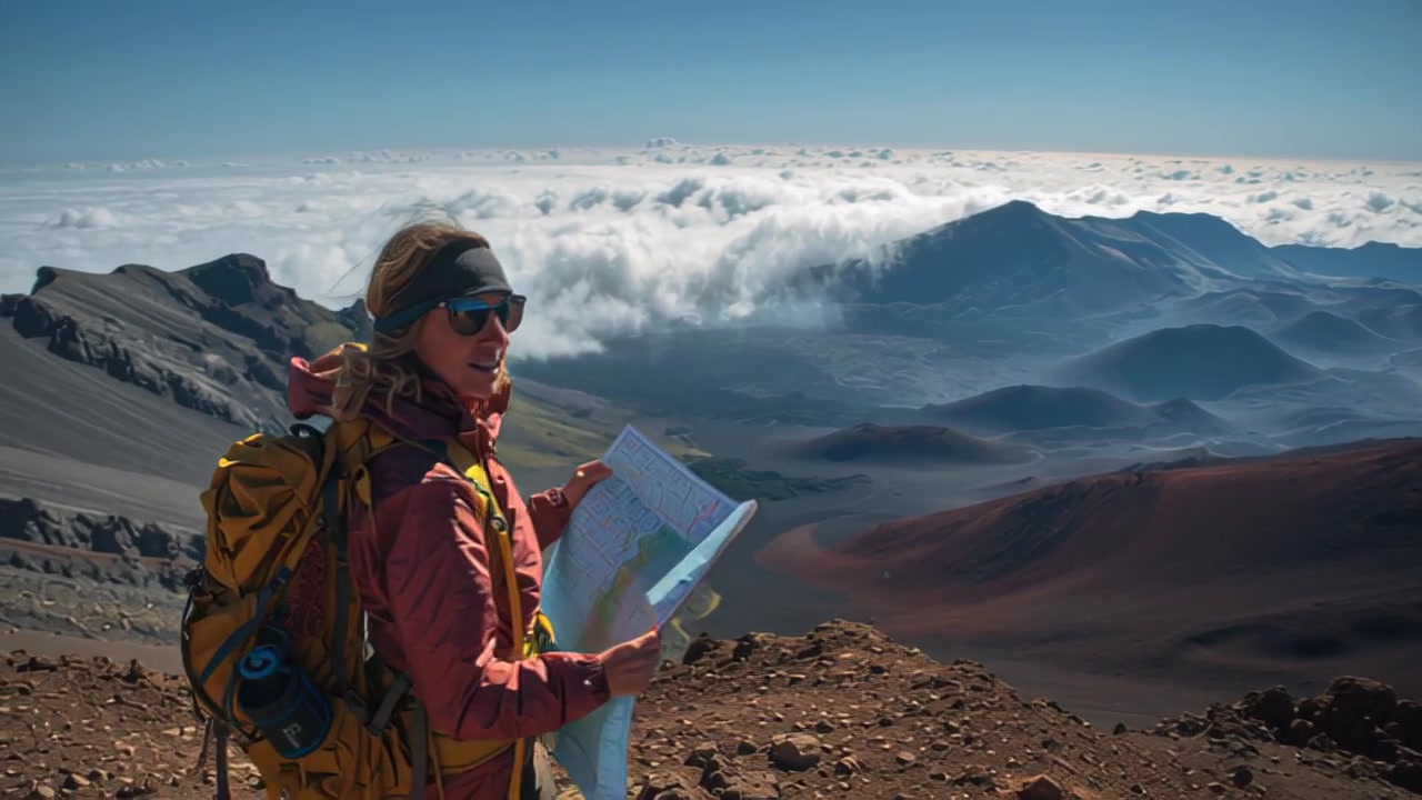 Footage of a woman backpacker holding a paper map on a rocky volcanic summit, overlooking dramatic mountains and a sea of clouds in clear morning light