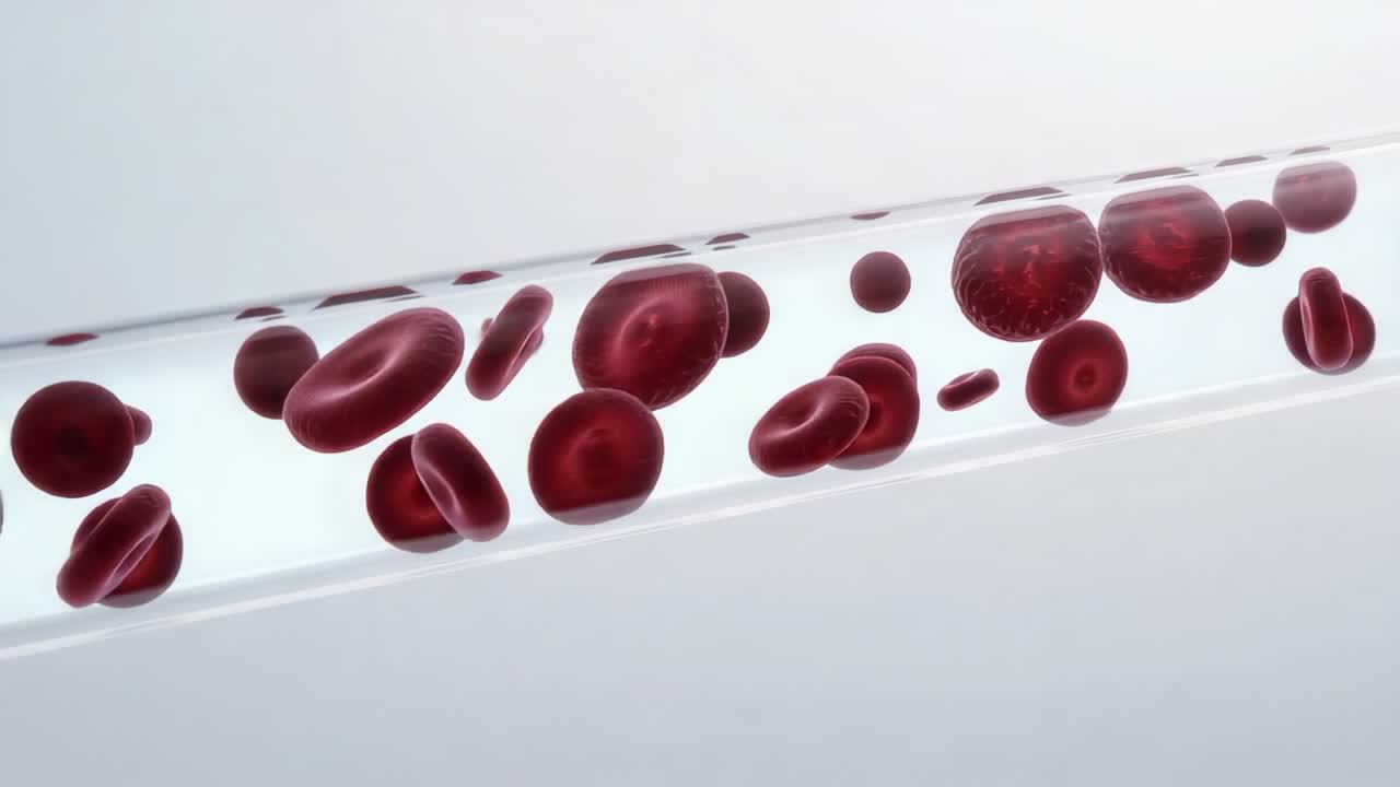 Pressure pushing red blood cells translating right inside transparent tube, rotating and colliding