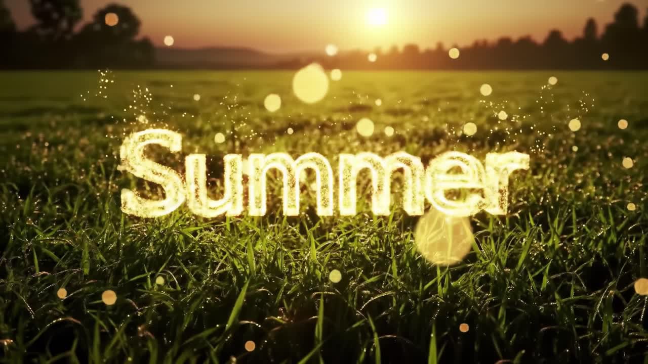 Golden sunlight illuminates a lush green field as the word summer glows with bright sparkles. Nature shines during this tranquil evening moment of warmth and beauty.