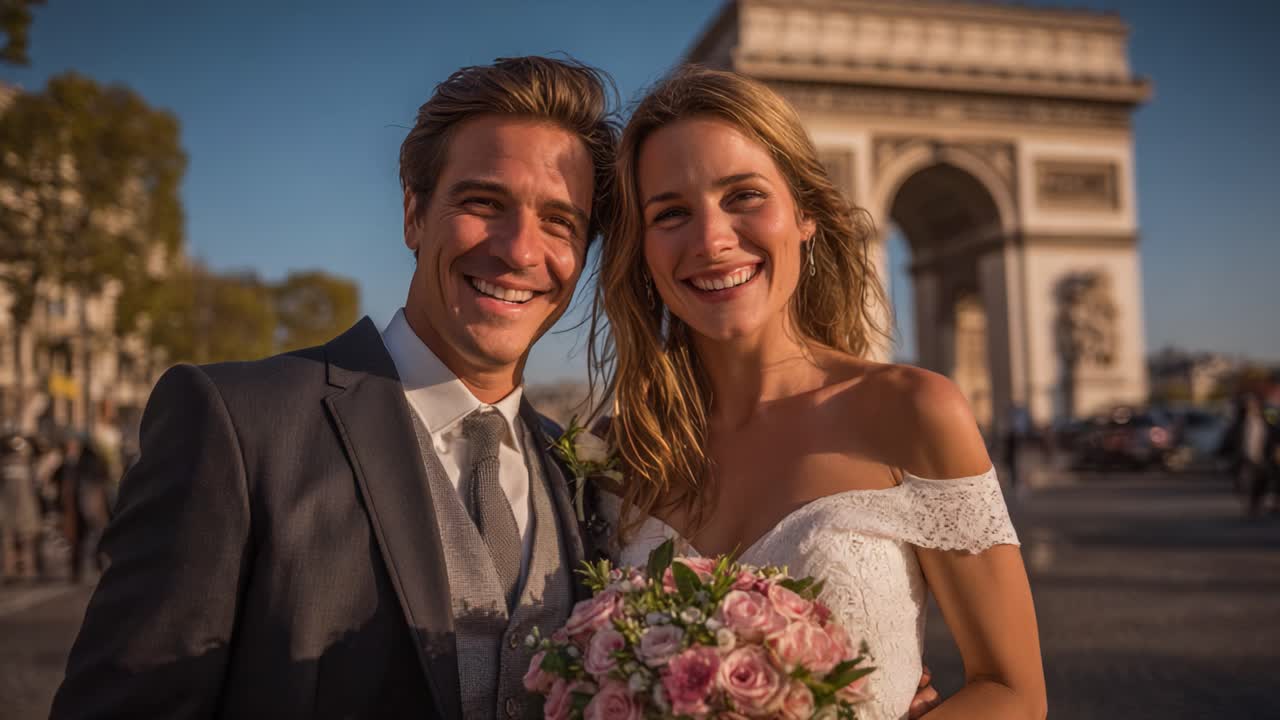 Celebration of Love: A Radiant Couple Exchanging Joyful Moments under the Iconic Arc de Triomphe, Capturing a Magical Wedding Day in Paris